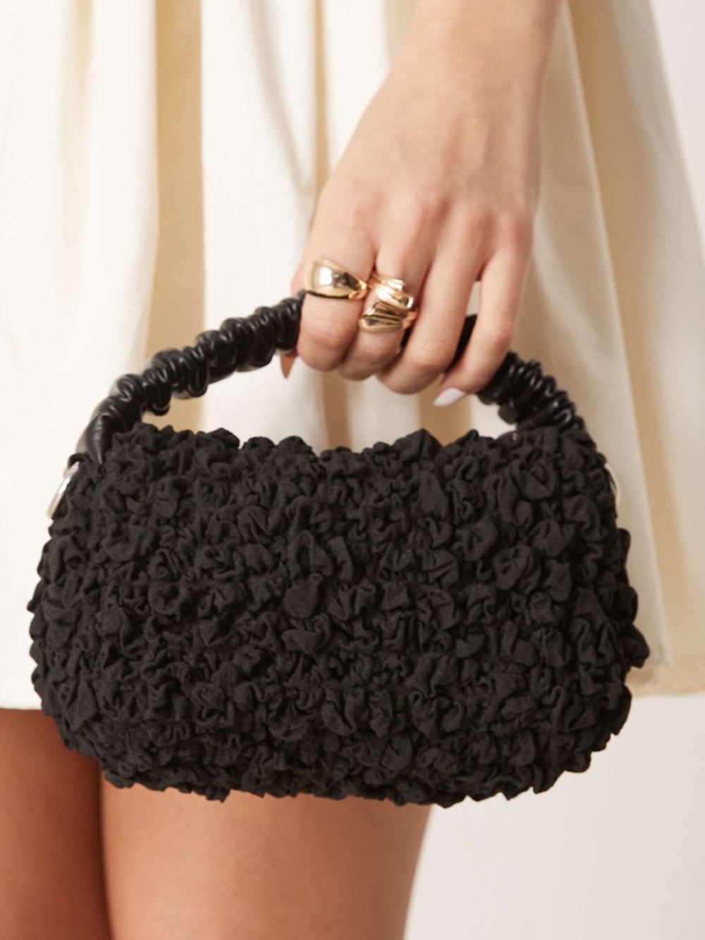 ASOS Black Textured Ruched-Handle Mini Shoulder Bag with Crossbody Chain